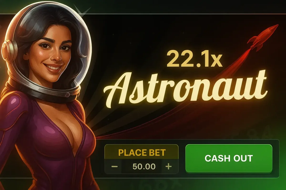 A promotional banner for the Astronaut crash game. A smiling woman in a purple spacesuit is featured next to a 22.1x multiplier. The game interface shows PLACE BET and CASH OUT buttons for the player.