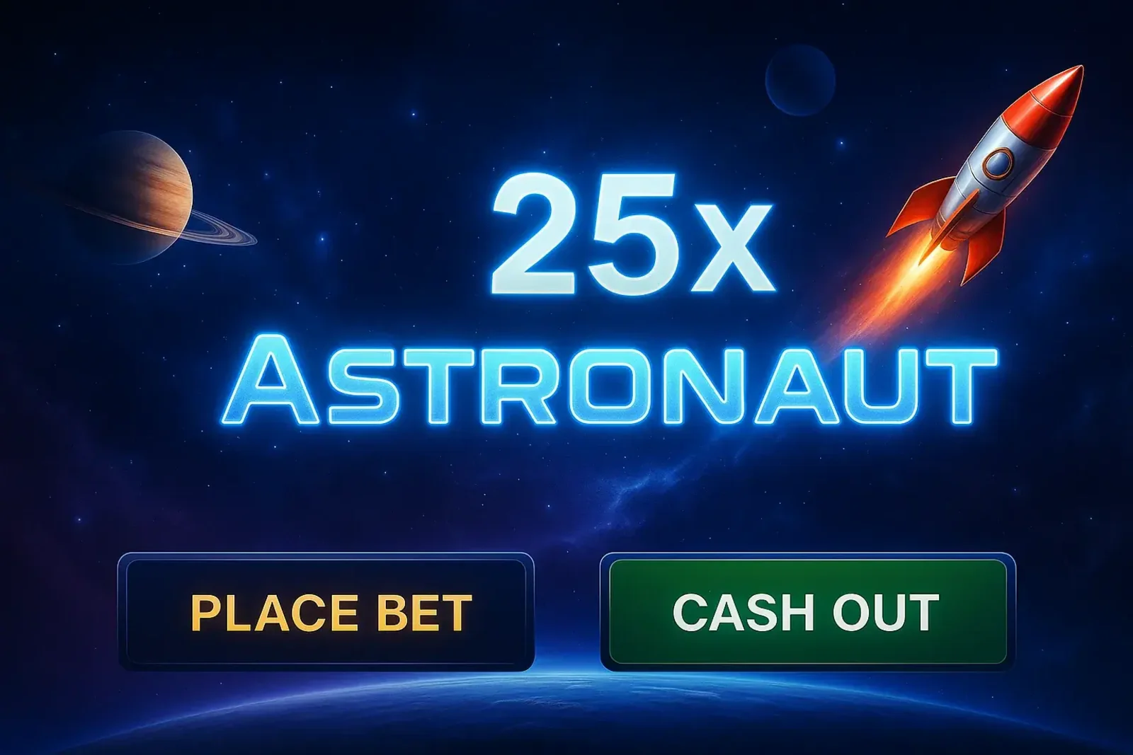 An advertisement for the Astronaut crash game showing a 25x multiplier win. A rocket soars through space against a backdrop of planets. The game interface provides PLACE BET and CASH OUT options.
