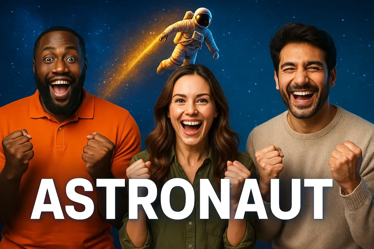 Three diverse and excited people are celebrating a win while playing the Astronaut game. An astronaut with a golden trail flies above them against a starry background. The game's title is displayed prominently.