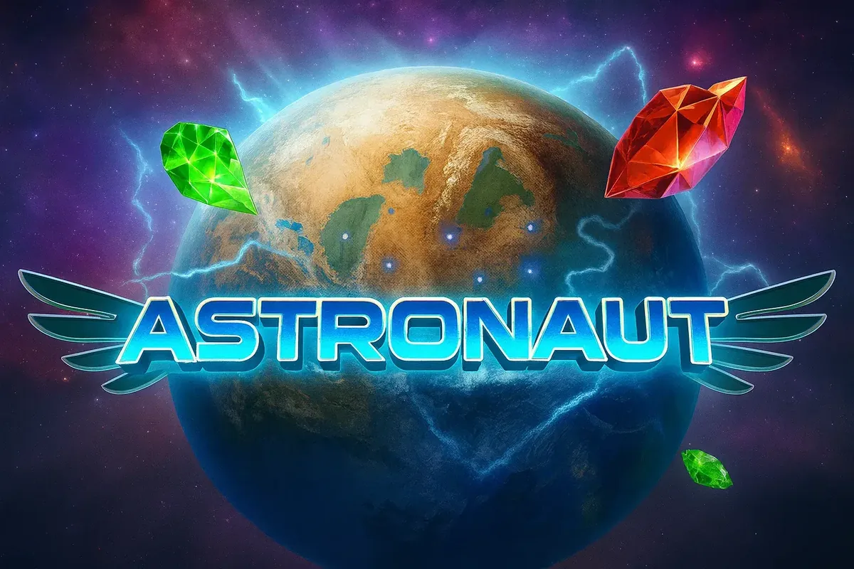 The official logo for the Astronaut game, featuring metallic text with wings. The logo is positioned in front of a stylized planet Earth in space, with glowing green and red crystals and cosmic energy in the background.