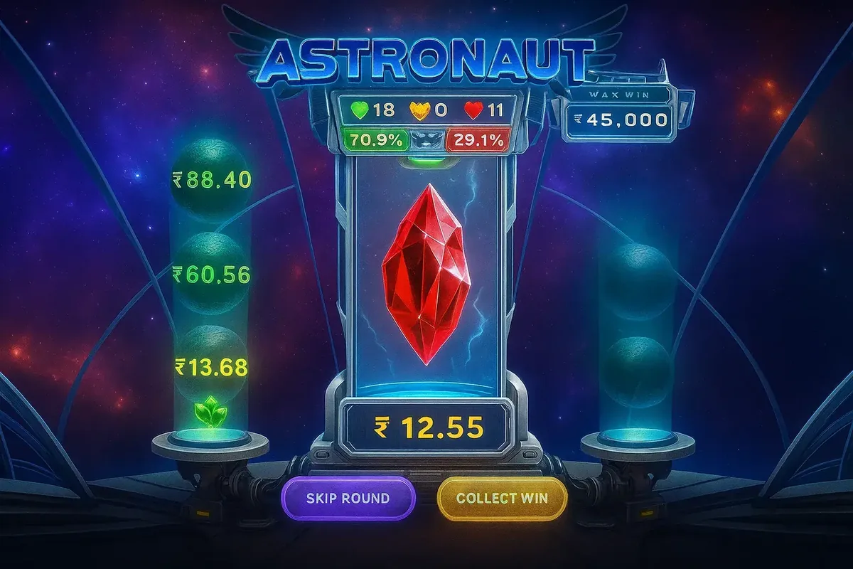 A gameplay screenshot from the Astronaut game's bonus round. A central container holds a large red crystal, with prize values in Indian Rupees shown in futuristic displays. Options to SKIP ROUND or COLLECT WIN are visible.