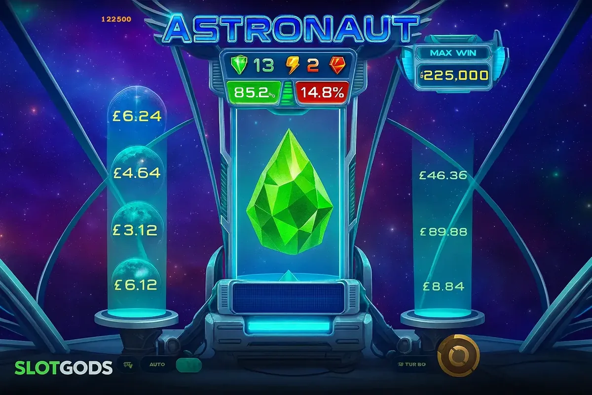 A detailed screenshot of the Astronaut game interface. The screen shows a bonus round with a central green crystal, prize values in British Pounds, and game statistics displayed in a futuristic space setting.